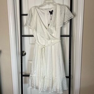 DKNY Cream White Wrap Dress – Size 10 Flutter Sleeve Midi NWT cocktail party